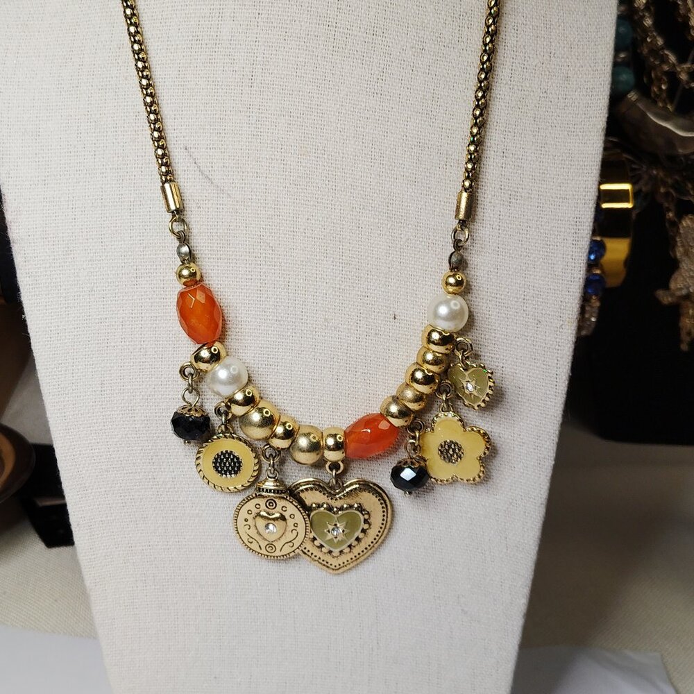 Gold Tone Charm Necklace Enamel Faux Pearls Black Beads 16" + Extender